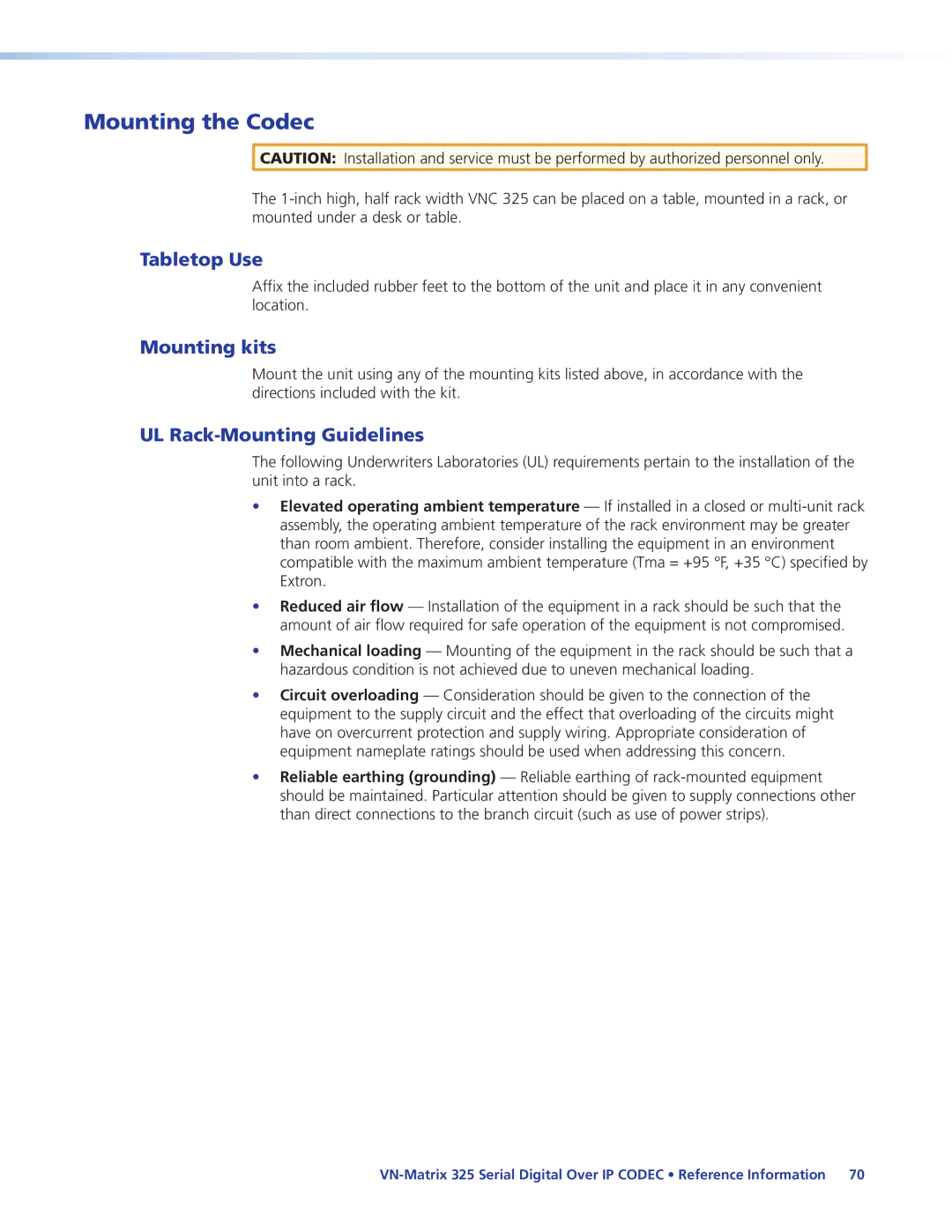 Extron electronic 325 manual Mounting the Codec, Tabletop Use, Mounting kits, UL Rack-Mounting Guidelines 