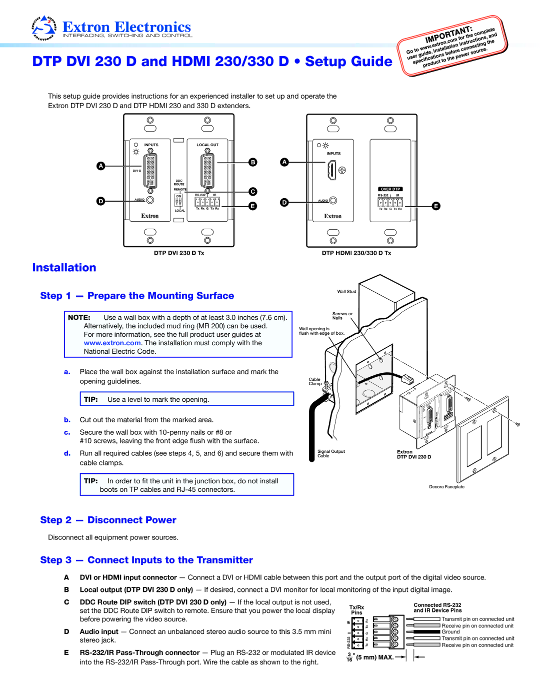 Extron electronic DTP DVI 230 D, 330 D, DTP HDMI 230 setup guide Prepare the Mounting Surface, Disconnect Power 