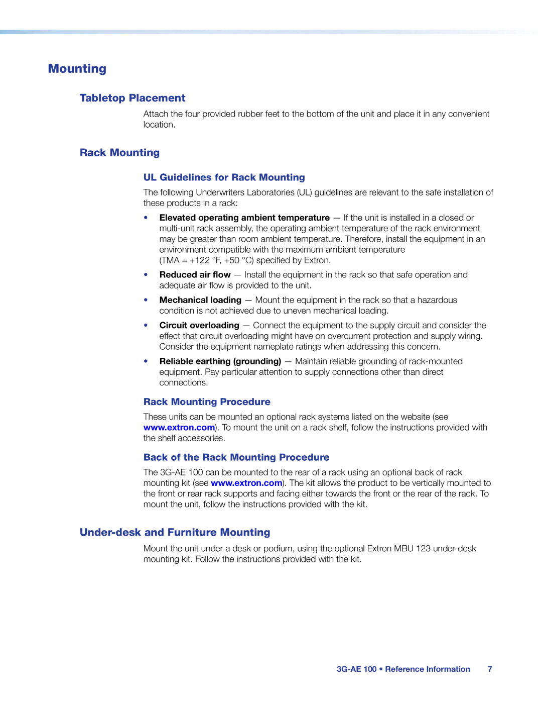 Extron electronic 3G-AE 100 manual Mounting, Tabletop Placement 
