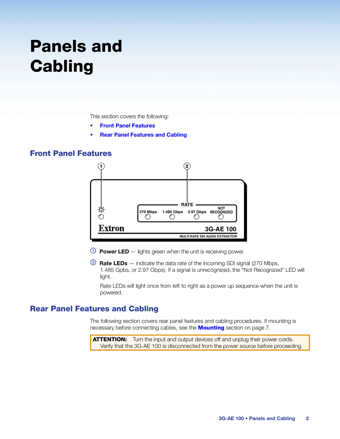 Extron electronic 3G-AE 100 manual Panels Cabling, Front Panel Features, Rear Panel Features and Cabling 