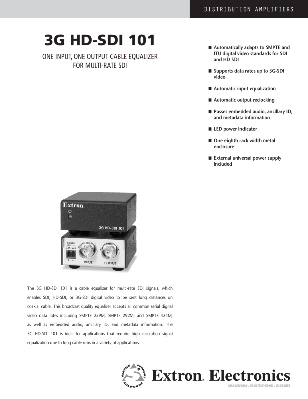 Extron electronic 3G HD-SDI 101 manual One input, one output cable equalizer For multi-rate sdi 