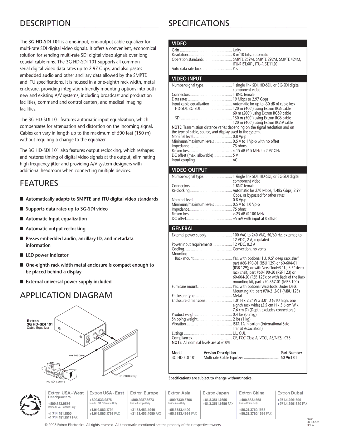 Extron electronic 3G HD-SDI 101 manual DESCRIPTIONspecifications, Features, Application Diagram 