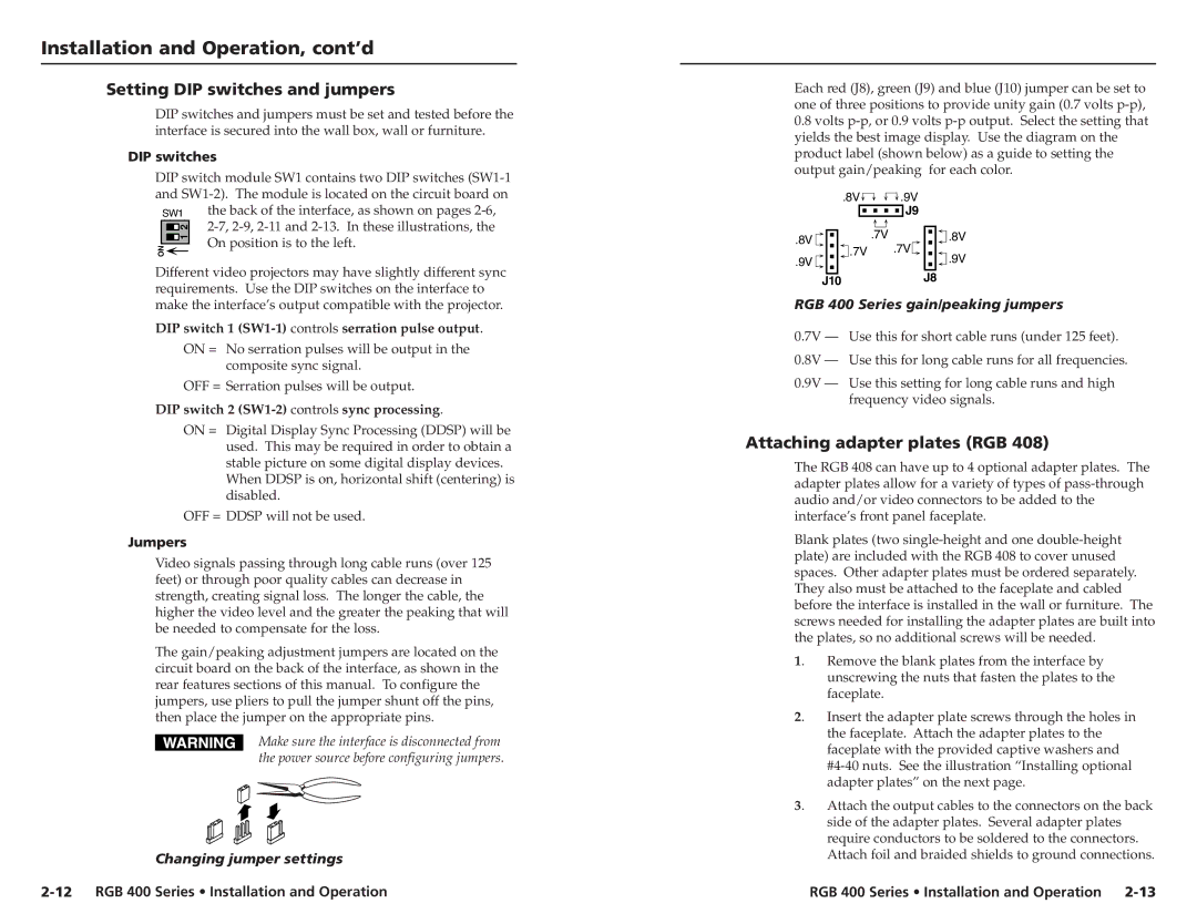 Extron electronic 400 user manual Setting DIP switches and jumpers, Attaching adapter plates RGB, Changing jumper settings 