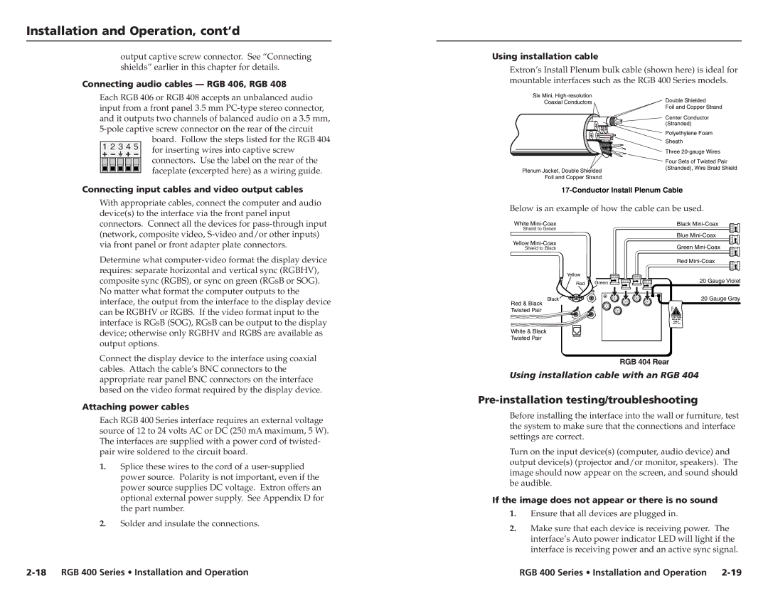 Extron electronic 400 user manual Pre-installation testing/troubleshooting, Using installation cable with an RGB 