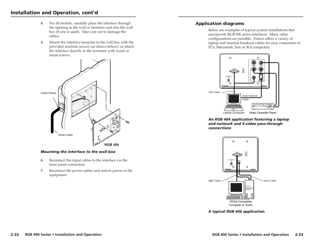 Extron electronic 400 user manual Application diagrams, Mounting the interface to the wall box, Typical RGB 406 application 