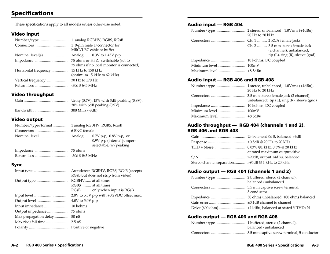 Extron electronic 400 user manual Specifications 