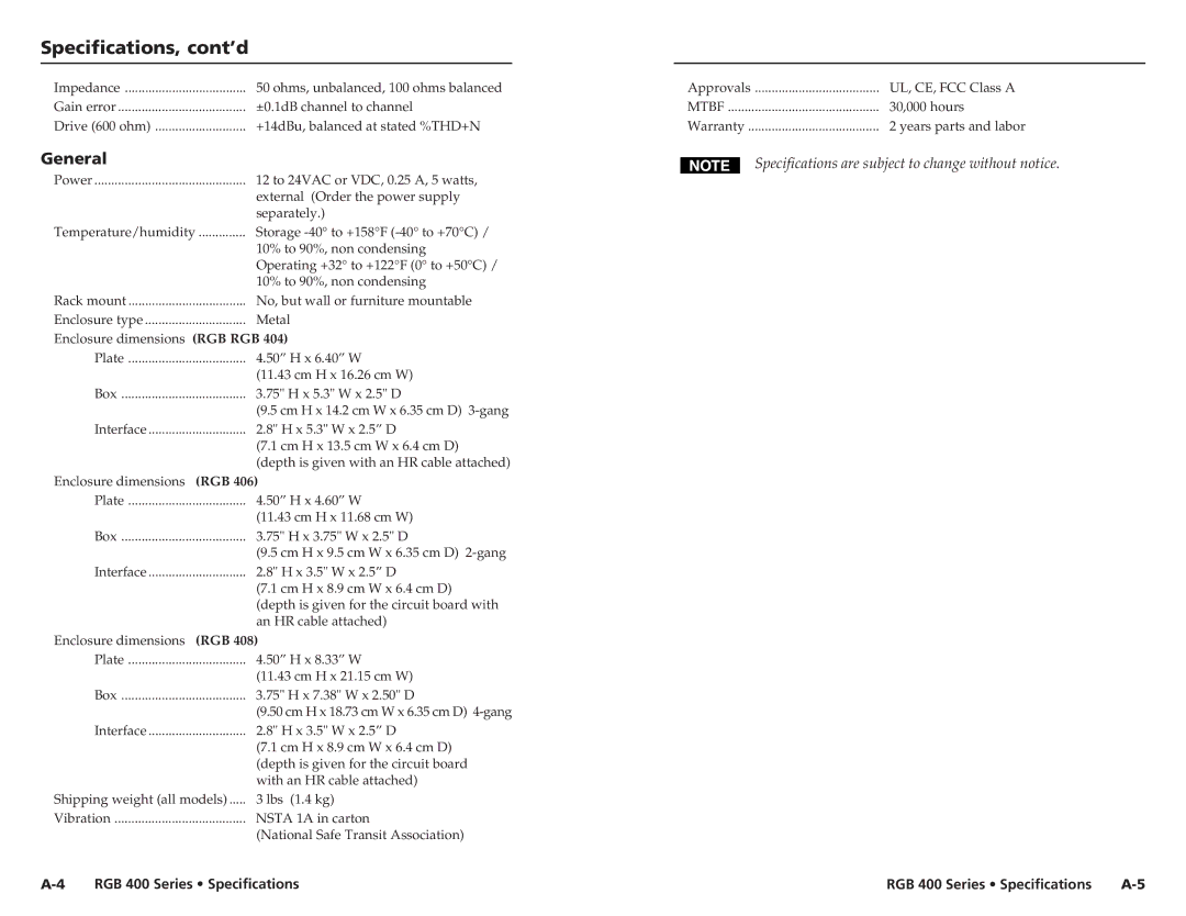 Extron electronic 400 user manual Specifications, cont’d, General 