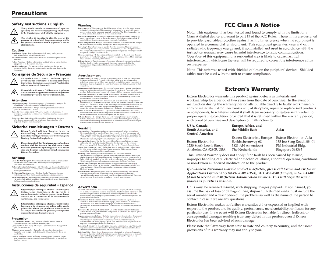 Extron electronic 400 user manual Precautions, FCC Class a Notice, Extron’s Warranty 