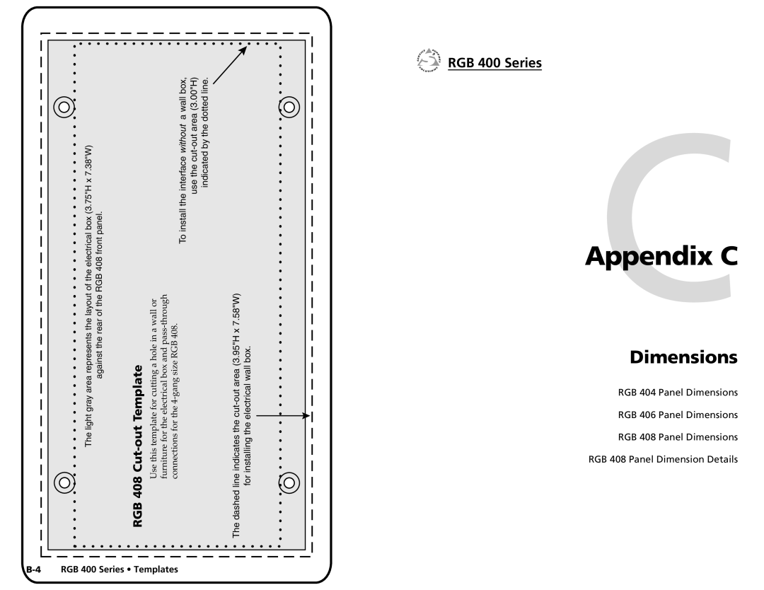 Extron electronic 400 user manual Dimensions, RGB 408 Cut-out Template 