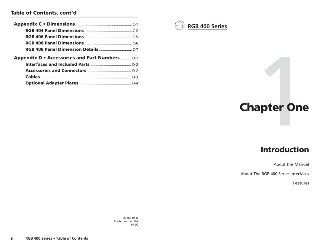 Extron electronic One, Introduction, Table of Contents, cont’d, RGB 400 Series, Appendix D Accessories and Part Numbers 