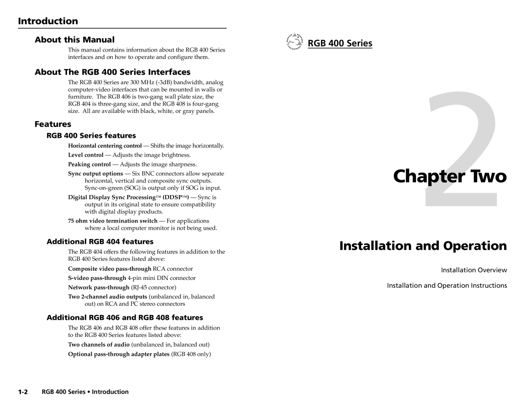 Extron electronic user manual Two, Installation and Operation, Introduction, RGB 400 Series 