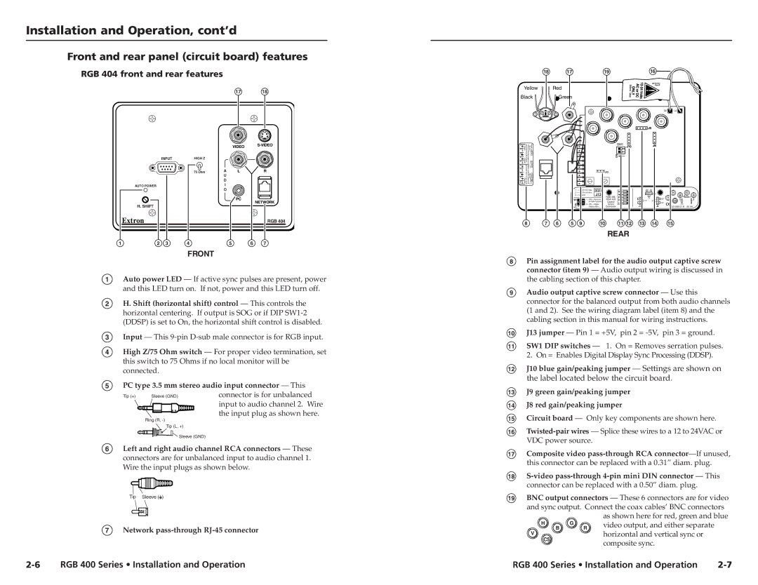 Extron electronic 400 user manual Front and rear panel circuit board features, RGB 404 front and rear features 