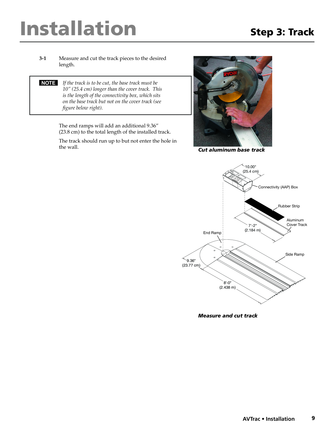 Extron electronic 42-122-xx manual Track, Cut aluminum base track, Measure and cut track, AVTrac Installation 