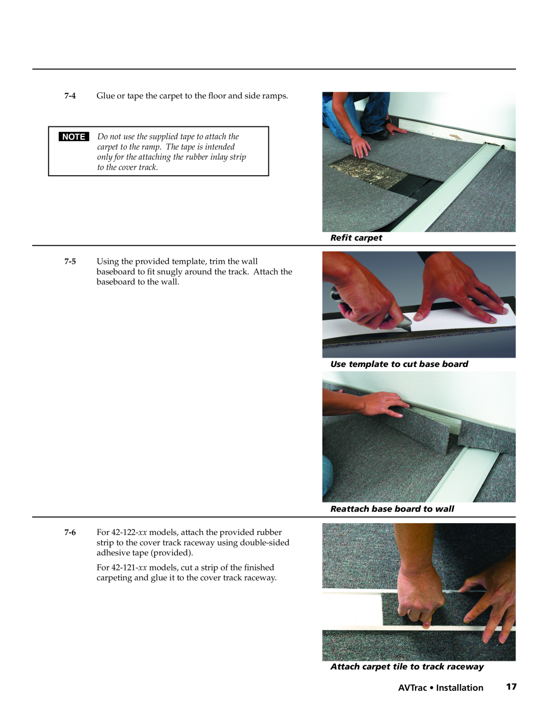 Extron electronic 42-122-xx Refit carpet, Use template to cut base board Reattach base board to wall, AVTrac Installation 