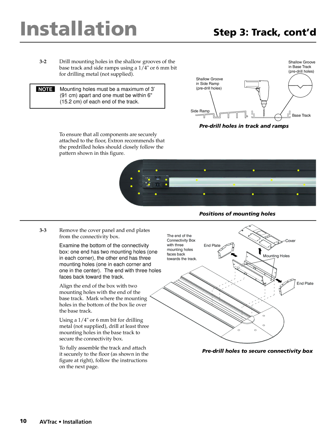 Extron electronic 42-122-xx manual Track, cont’d, Pre-drill holes in track and ramps, Positions of mounting holes 