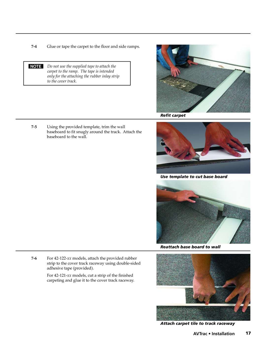 Extron electronic 42-122-xx manual Refit carpet, Use template to cut base board Reattach base board to wall 