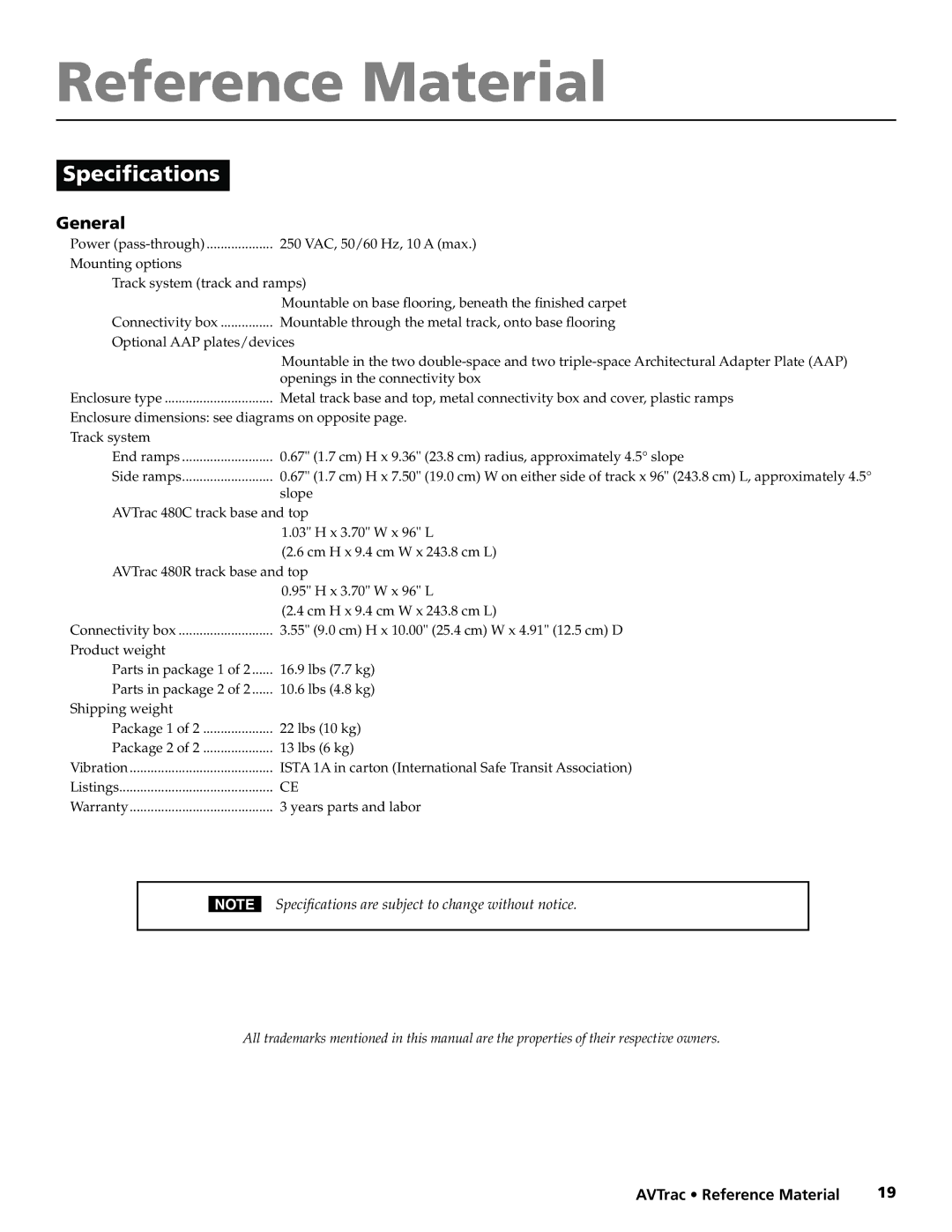 Extron electronic 42-122-xx manual Reference Material, Specifications 