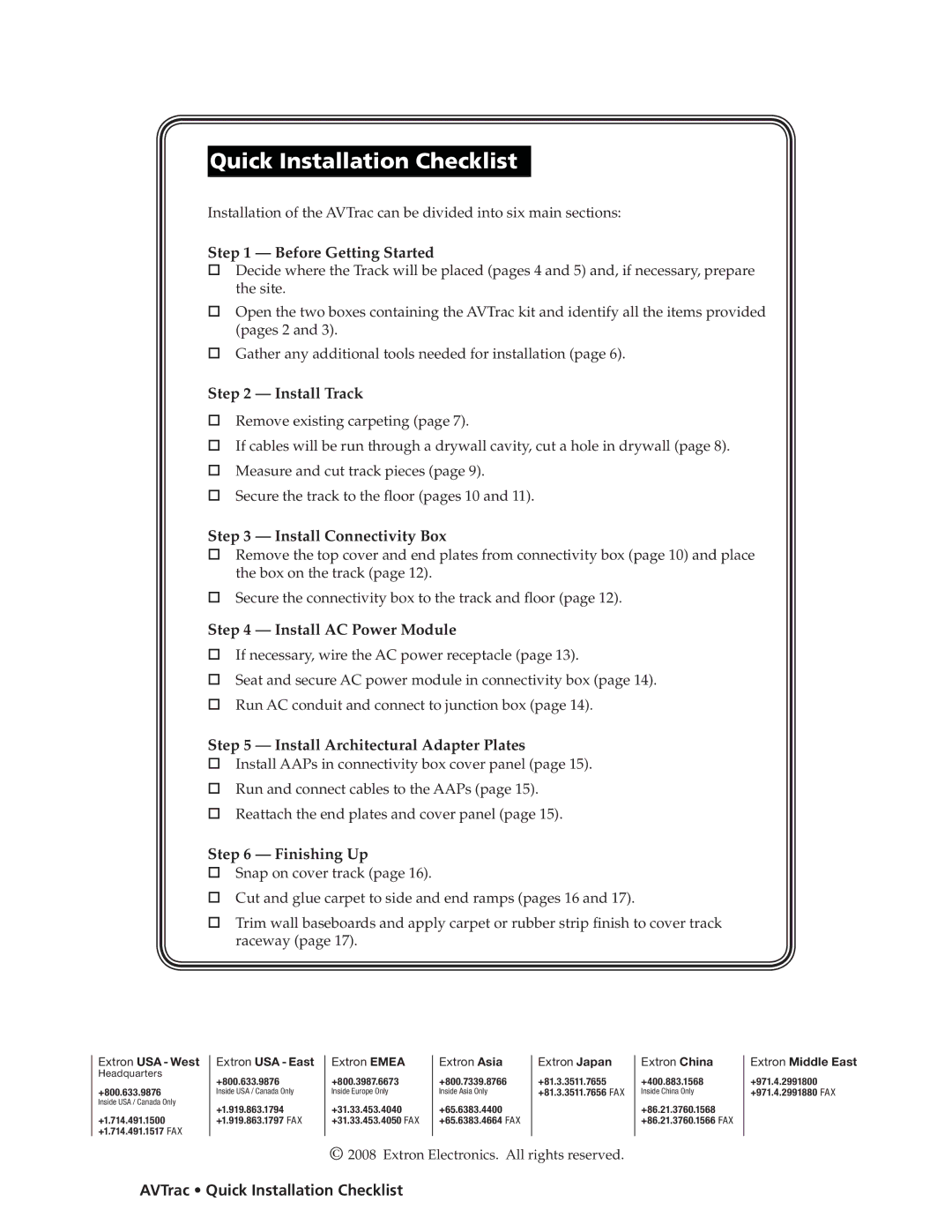 Extron electronic 42-122-xx manual Quick Installation Checklist, Before Getting Started 