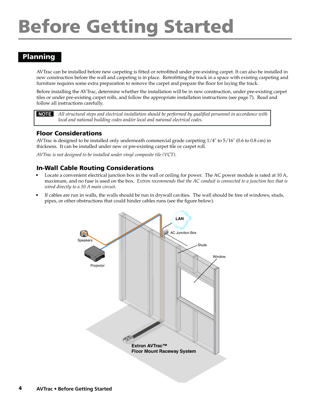 Extron electronic 42-122-xx Before Getting Started, Planning, Floor Considerations, In-Wall Cable Routing Considerations 