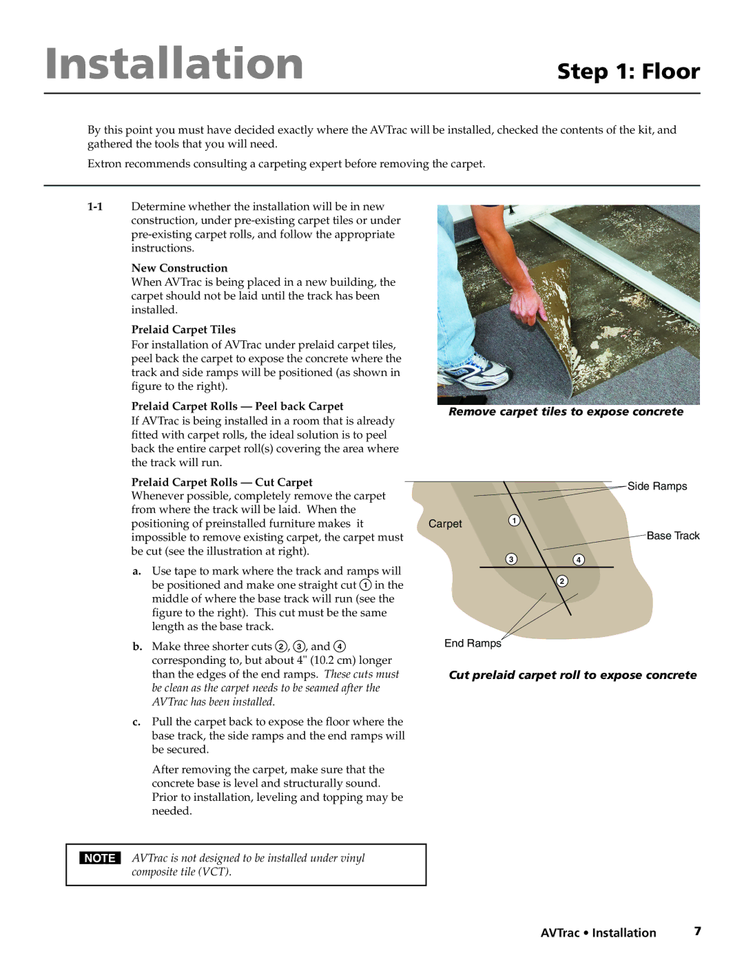 Extron electronic 42-122-xx manual Installation, Floor, Remove carpet tiles to expose concrete 