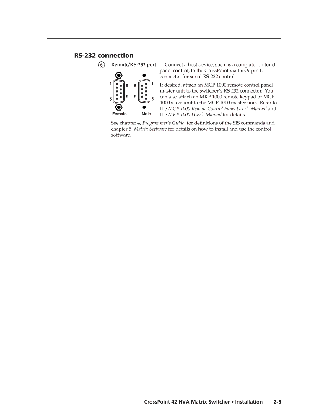 Extron electronic 42 HVA manual RS-232 connection, MKP 1000 User’s Manual for details 