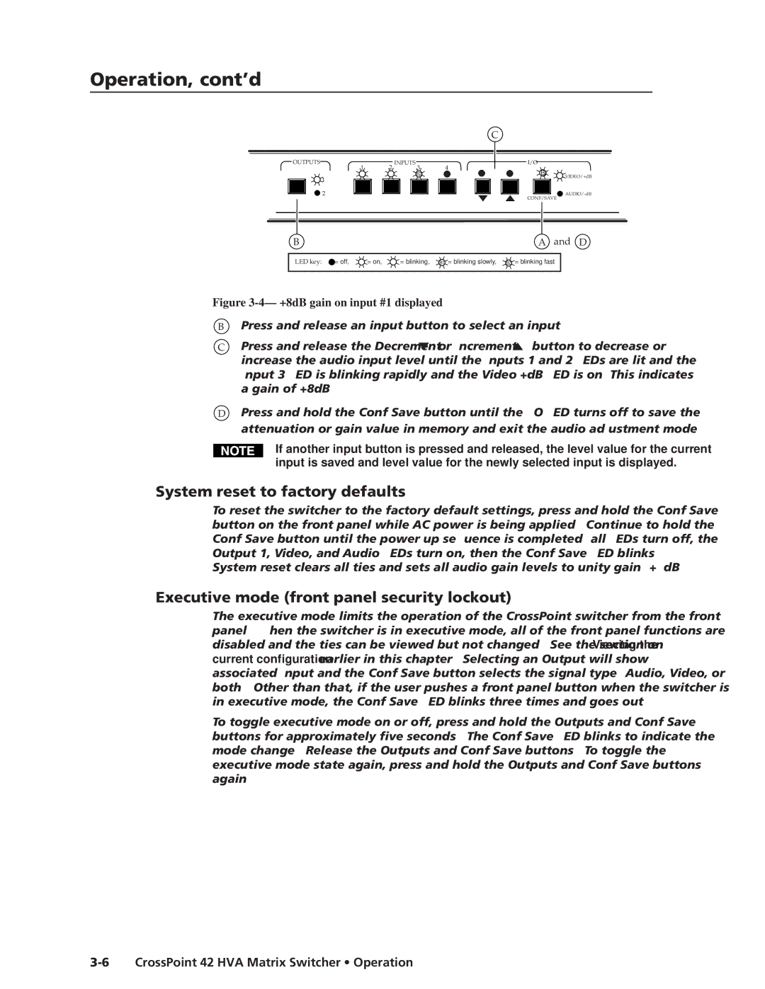 Extron electronic 42 HVA manual System reset to factory defaults, Executive mode front panel security lockout 