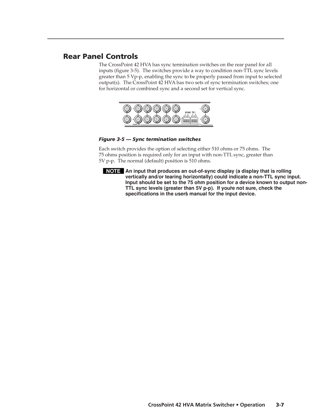 Extron electronic 42 HVA manual Rear Panel Controls, Sync termination switches 