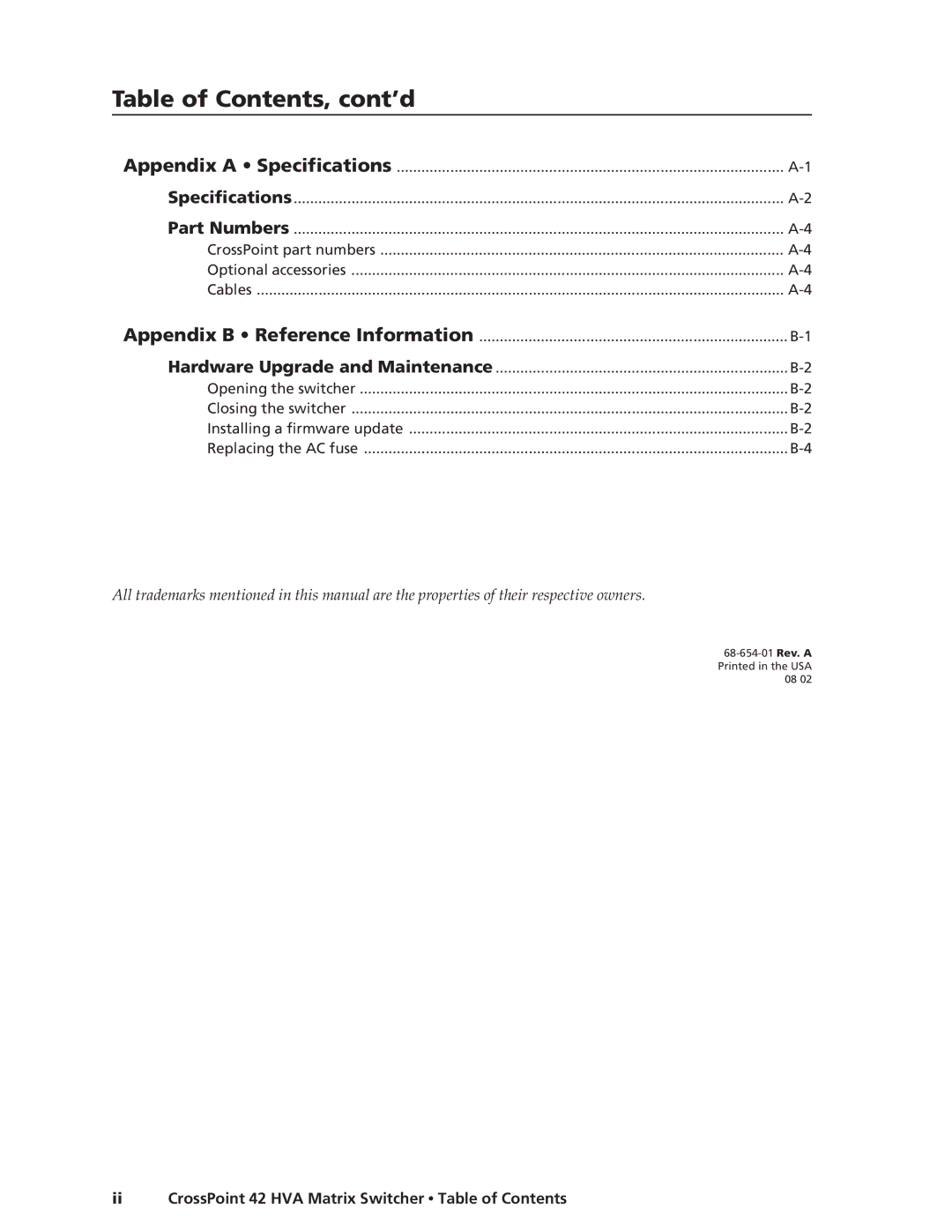 Extron electronic 42 HVA manual Table of Contents, cont’d 