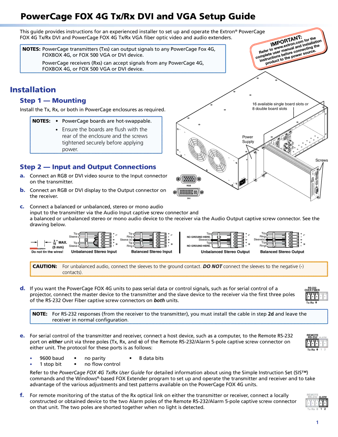 Extron electronic FOX 4G TX/RX VGA setup guide Installation, Mounting, Input and Output Connections 