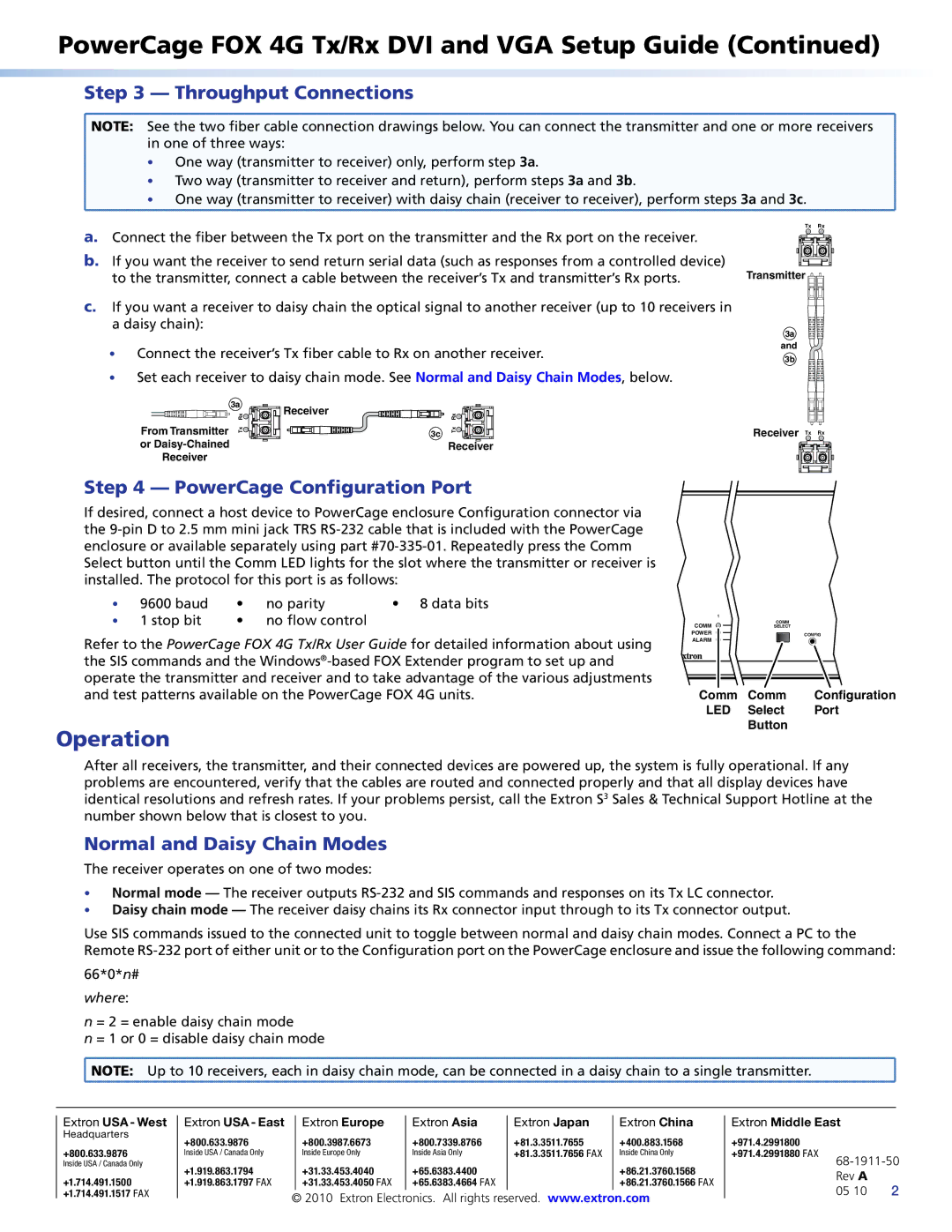 Extron electronic 4G TX/RX Operation, Throughput Connections, PowerCage Configuration Port, Normal and Daisy Chain Modes 