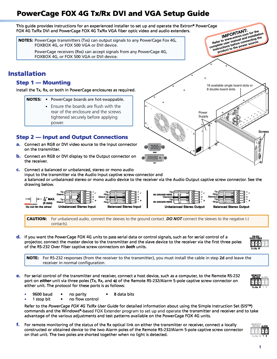 Extron electronic FOX 4G TX/RX VGA setup guide PowerCage FOX 4G Tx/Rx DVI and VGA Setup Guide, Installation, Mounting 