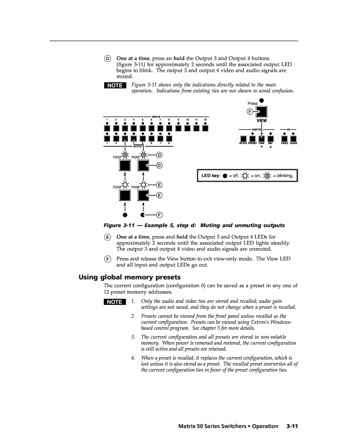 Extron electronic 50 manual Using global memory presets, 11 - Example 5, step d Muting and unmuting outputs 
