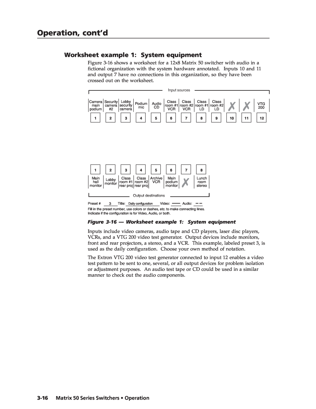 Extron electronic manual 16 - Worksheet example 1 System equipment, Matrix 50 Series Switchers Operation 