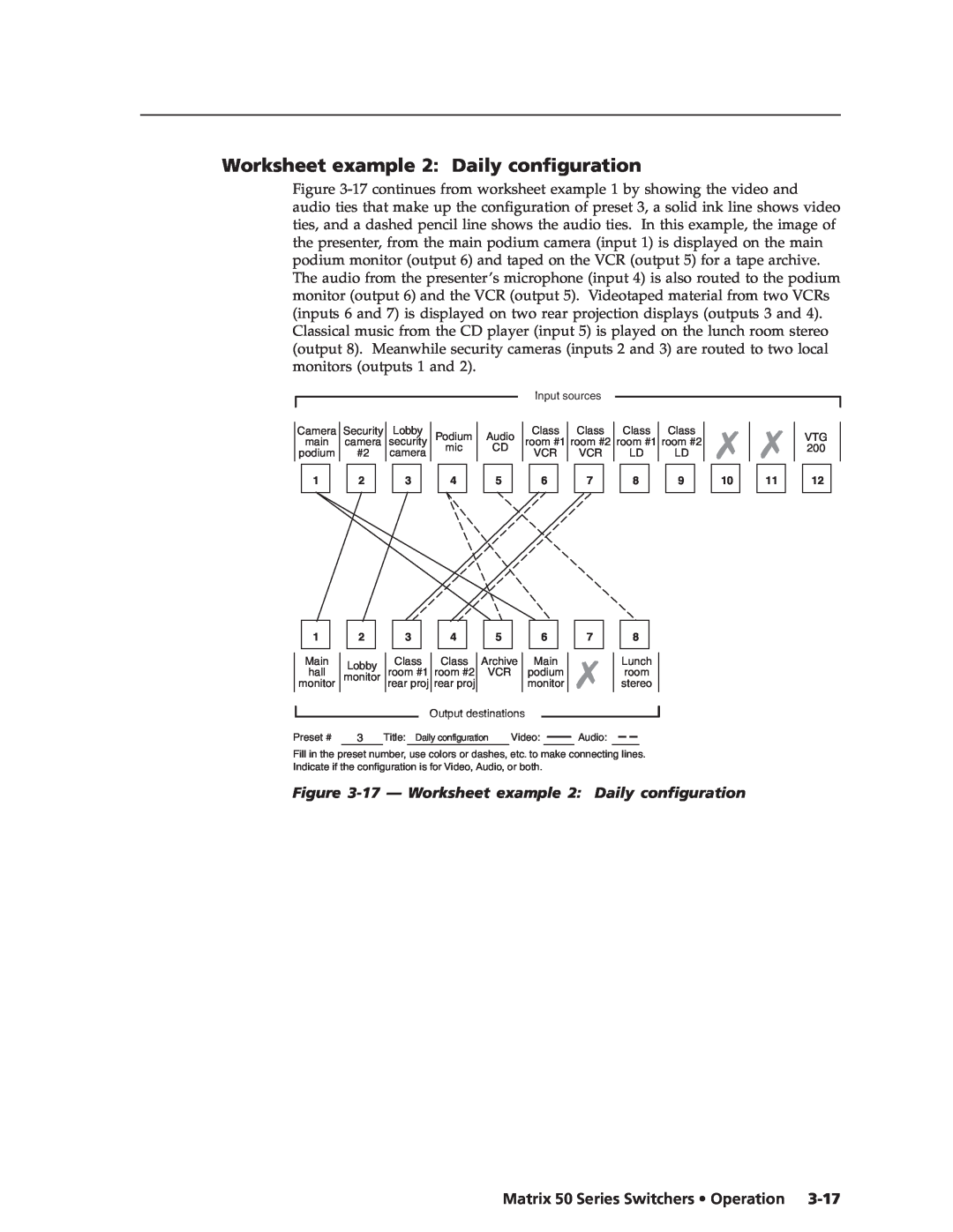 Extron electronic manual 17 - Worksheet example 2 Daily configuration, Matrix 50 Series Switchers Operation 