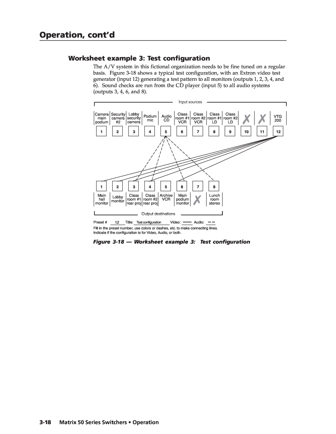 Extron electronic manual 18 - Worksheet example 3 Test configuration, Matrix 50 Series Switchers Operation 