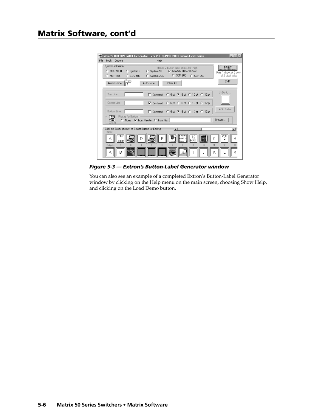 Extron electronic manual 3 - Extron’s Button-Label Generator window, Matrix 50 Series Switchers Matrix Software 