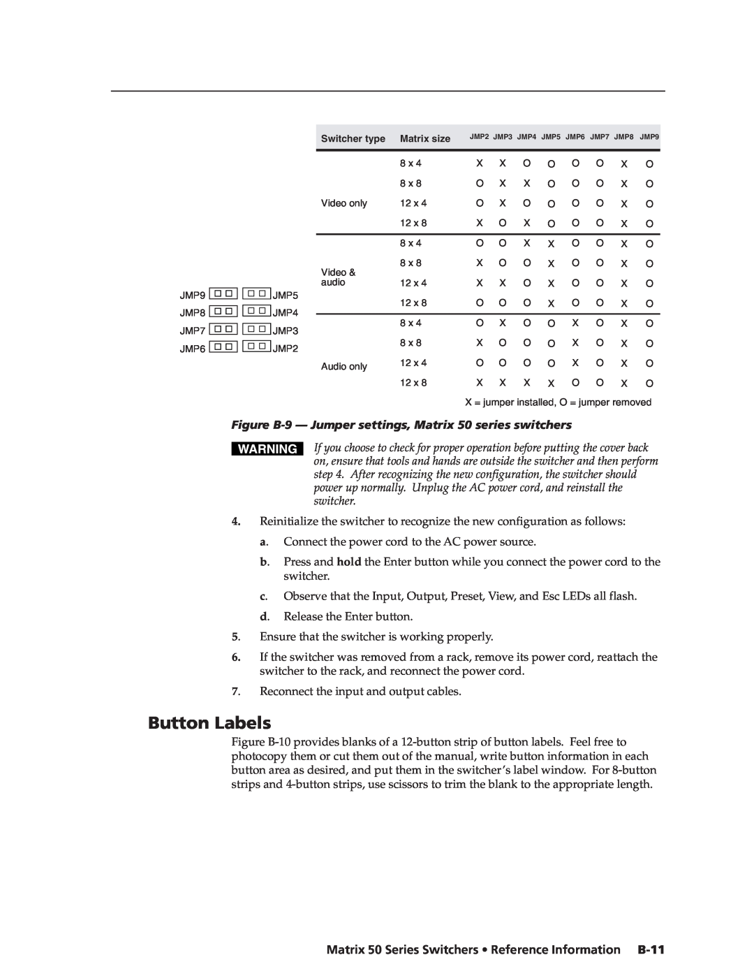 Extron electronic manual Button Labels, Figure B-9 - Jumper settings, Matrix 50 series switchers 