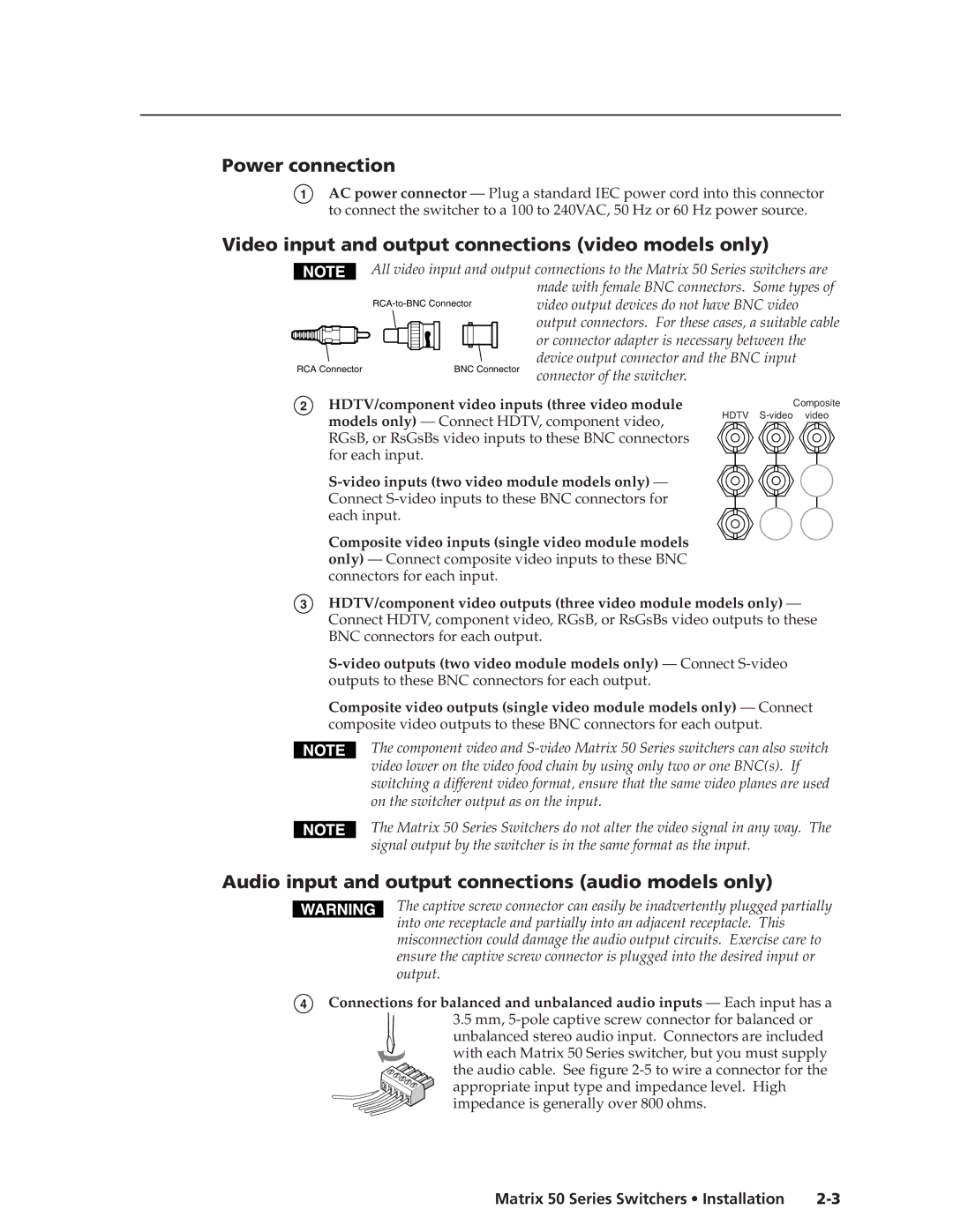 Extron electronic 50 manual Power connection, Video input and output connections video models only 