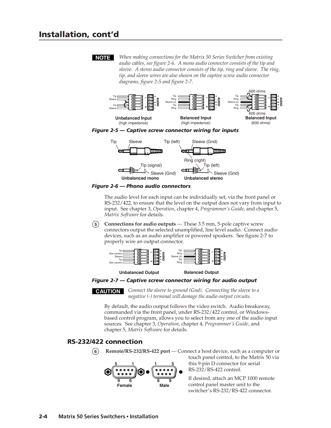 Extron electronic 50 manual Installation, cont’d, RS-232/422 connection 