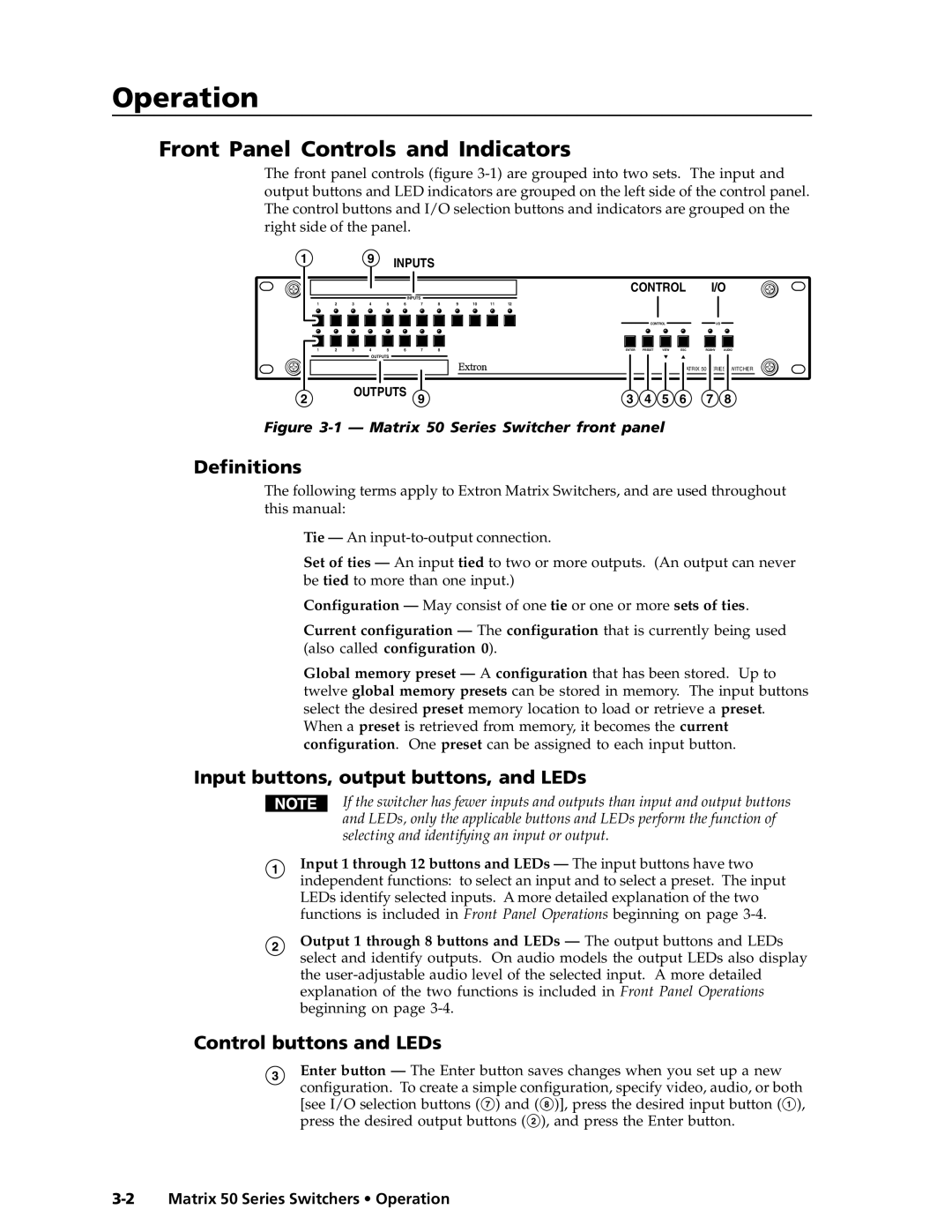 Extron electronic 50 Operationeration, cont’d, Front Panel Controls and Indicators, Definitions, Control buttons and LEDs 