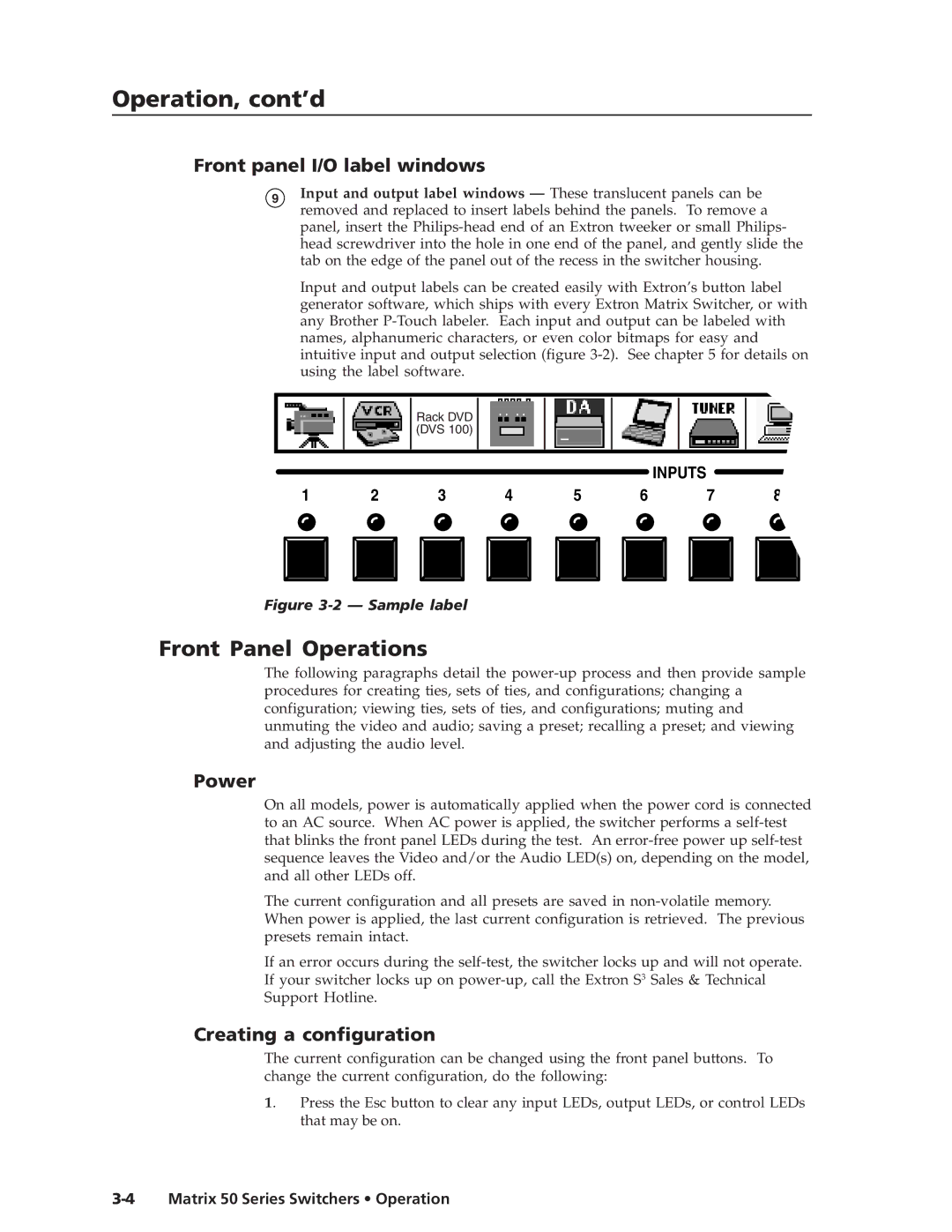 Extron electronic 50 manual Operation, cont’d, Front Panel Operations, Front panel I/O label windows, Power 