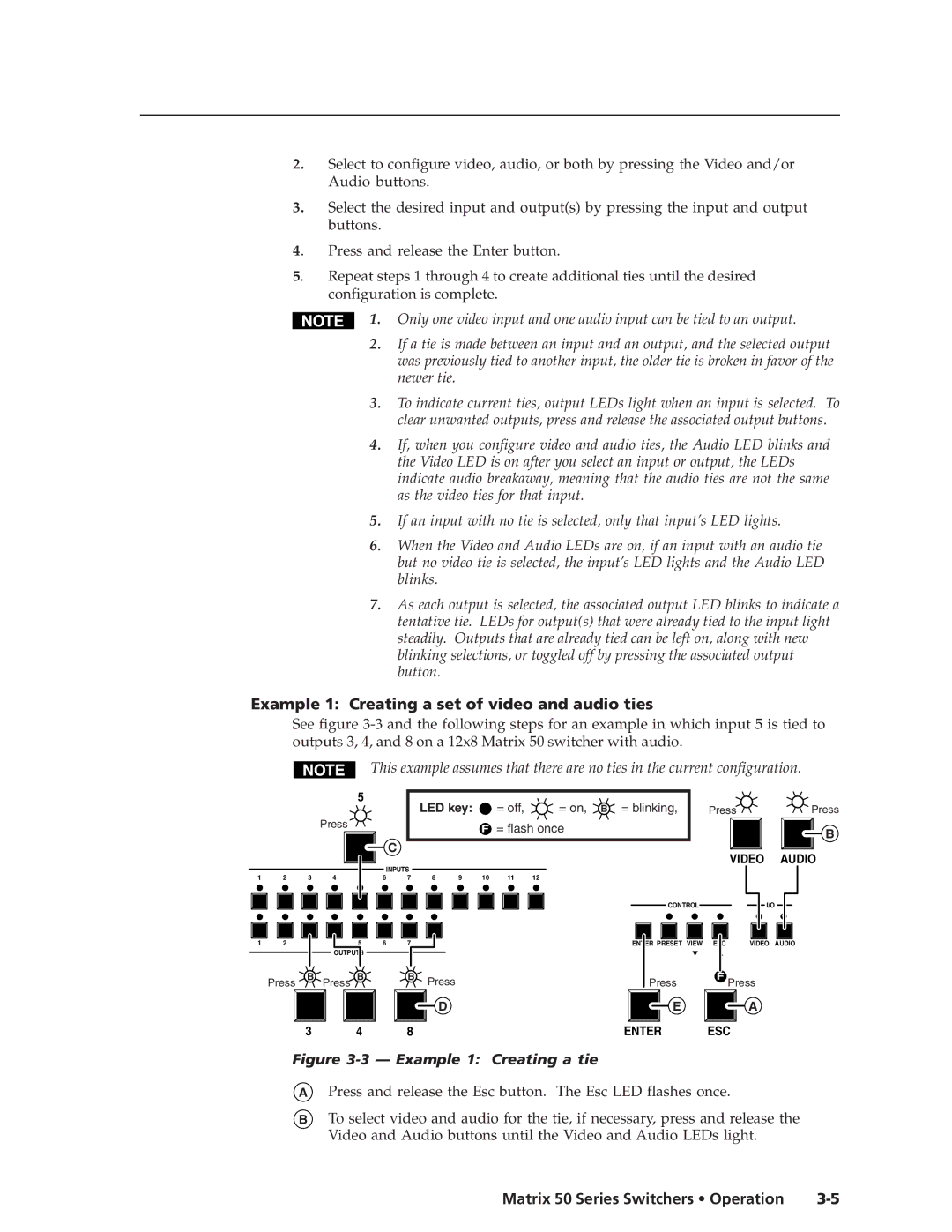 Extron electronic 50 manual Example 1 Creating a set of video and audio ties, Example 1 Creating a tie 