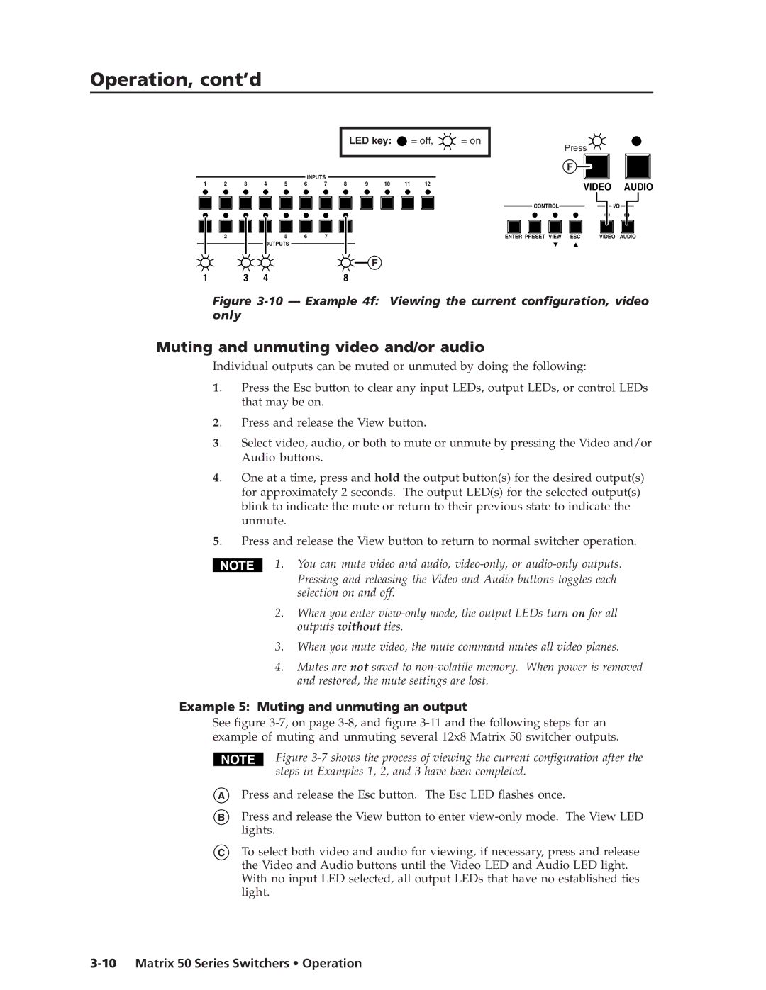 Extron electronic 50 manual Muting and unmuting video and/or audio, Example 5 Muting and unmuting an output 