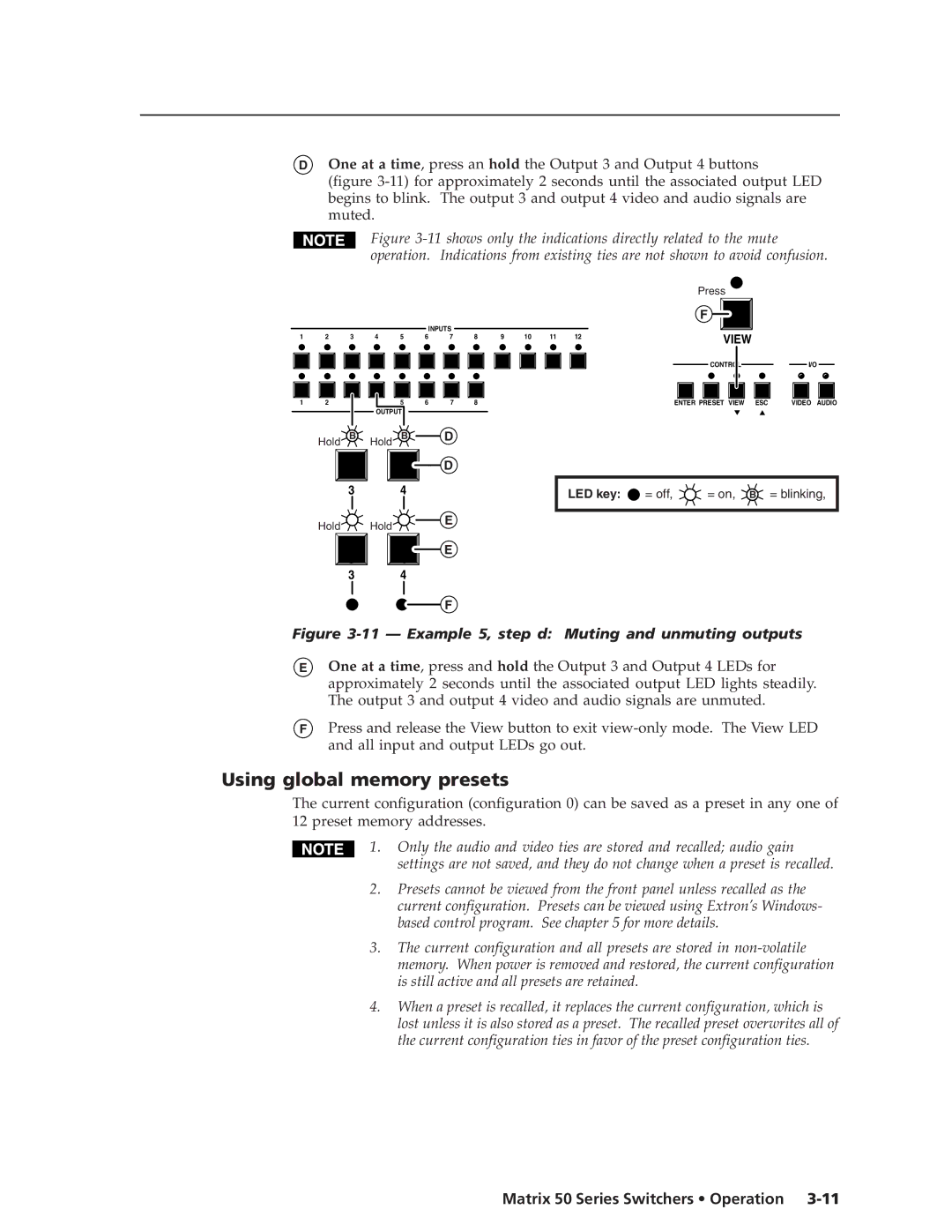 Extron electronic 50 manual Using global memory presets, Example 5, step d Muting and unmuting outputs 