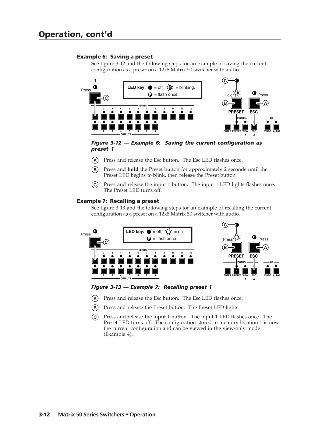 Extron electronic 50 manual Example 6 Saving a preset, Example 7 Recalling a preset 