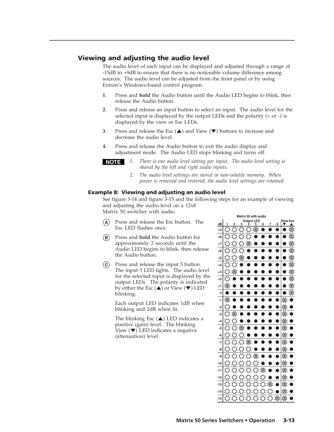 Extron electronic 50 manual Viewing and adjusting the audio level, Example 8 Viewing and adjusting an audio level 