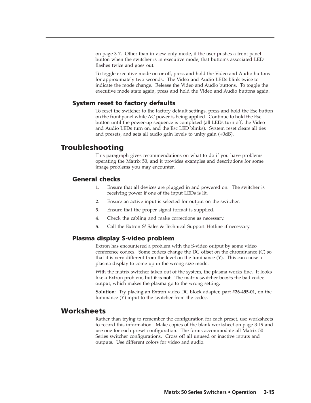 Extron electronic 50 manual Troubleshooting, Worksheets, System reset to factory defaults, General checks 