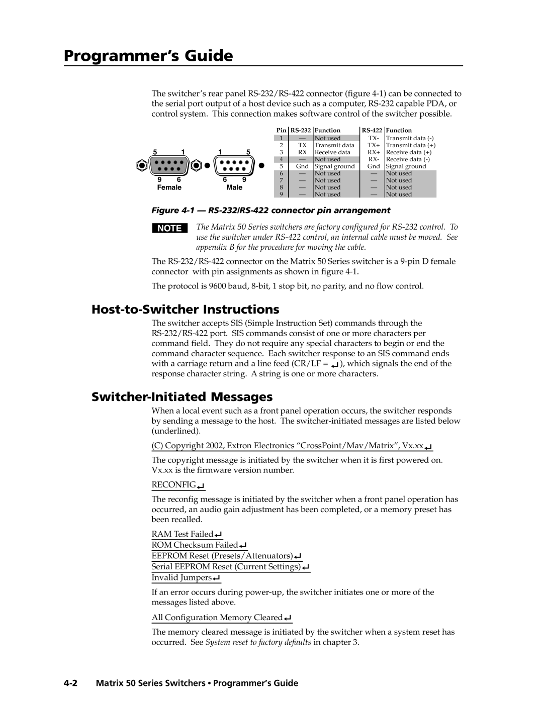 Extron electronic 50 manual Programmer’ser’sGuide,Guidecont’d, Host-to-Switcher Instructions, Switcher-Initiated Messages 