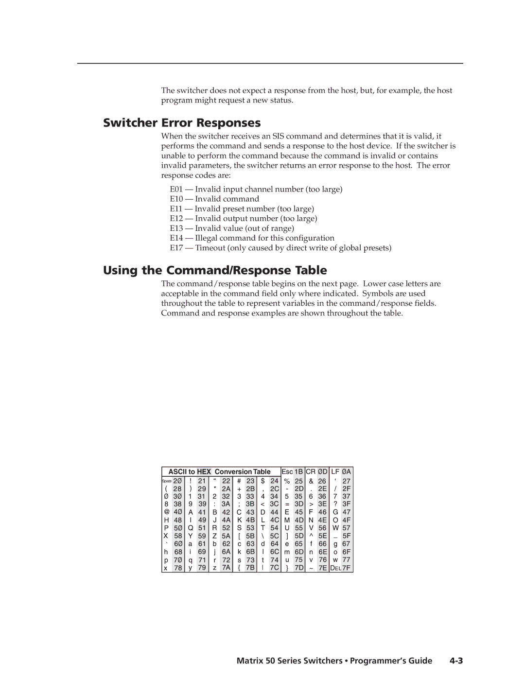 Extron electronic 50 manual Switcher Error Responses, Using the Command/Response Table 