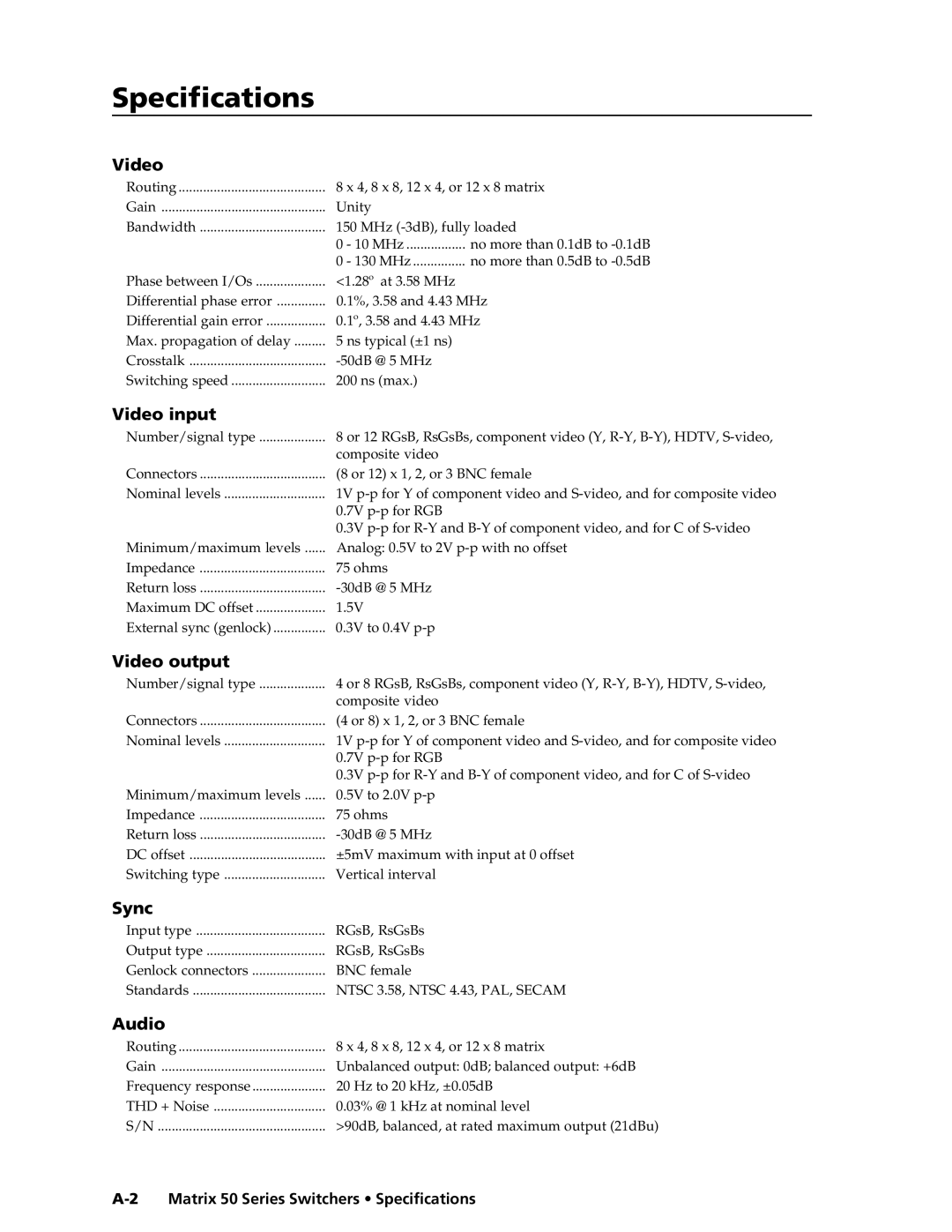 Extron electronic manual Specificationsecifications, cont’d, Matrix 50 Series Switchers Specifications 